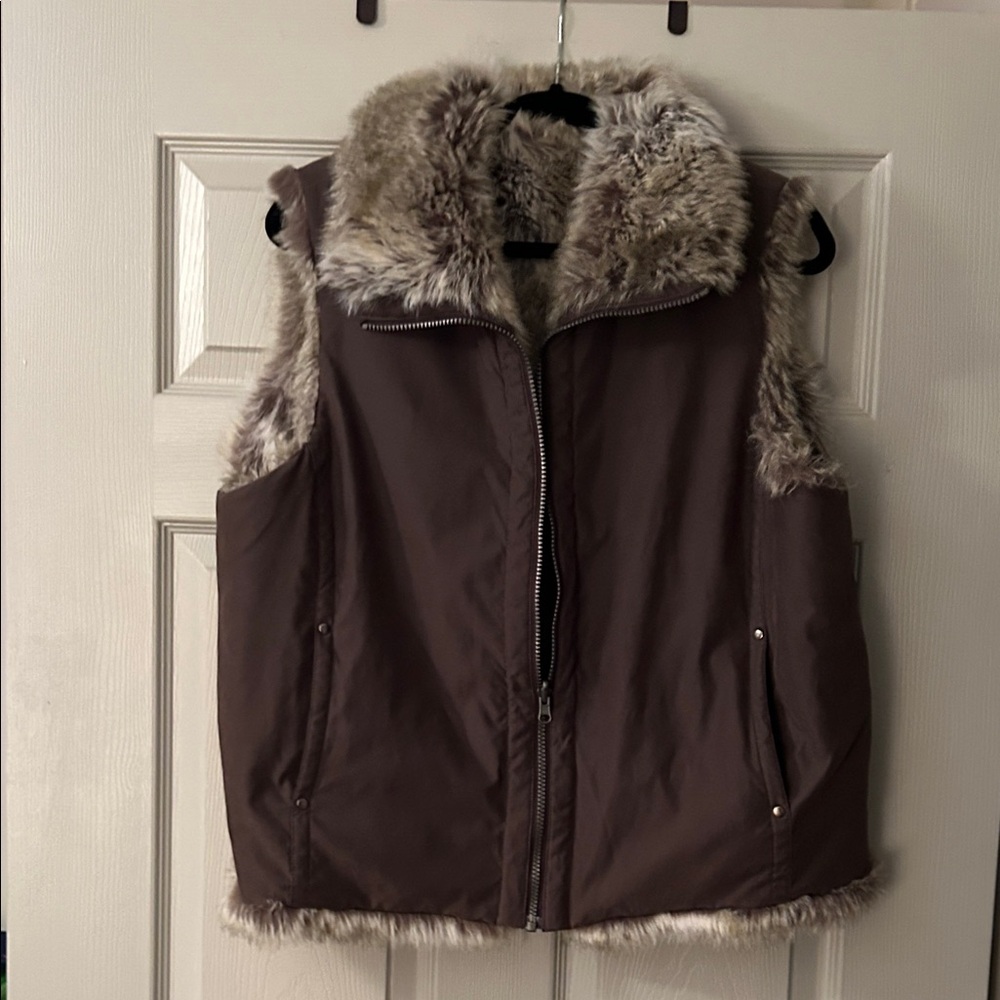 Faux Fur Trim Brown Reversible Puffer Vest